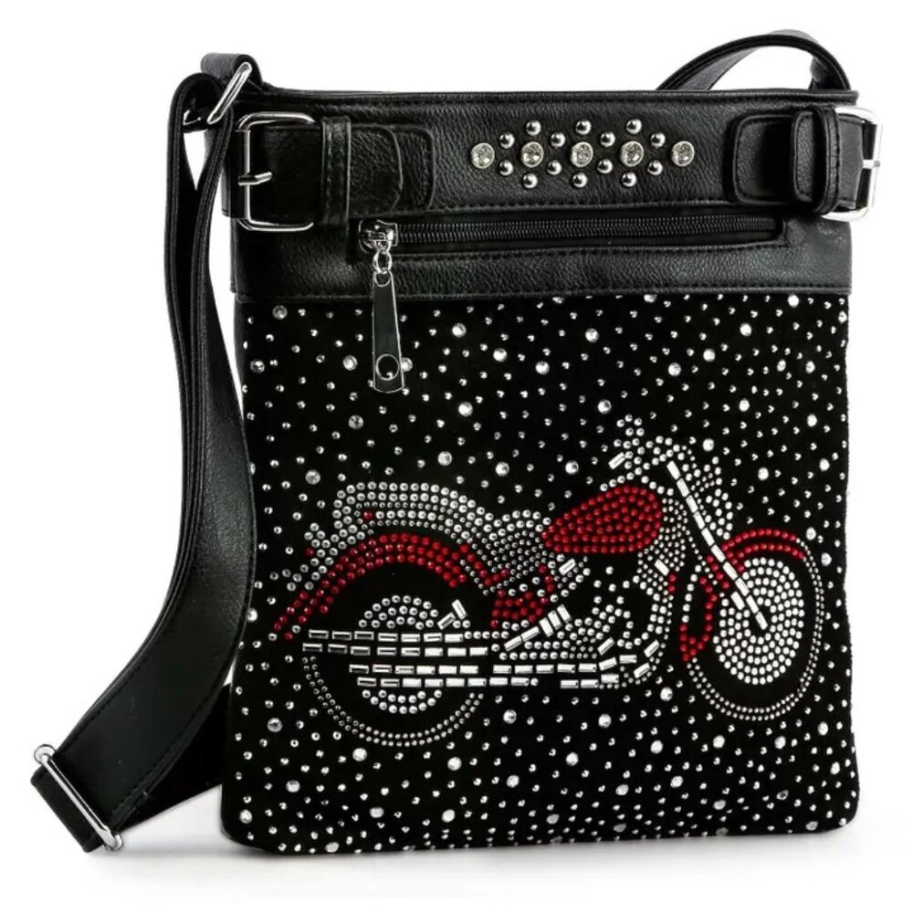 Rhinestone Motorcycle Black Sparkle Bling Crossbody Handbag Purse NEW